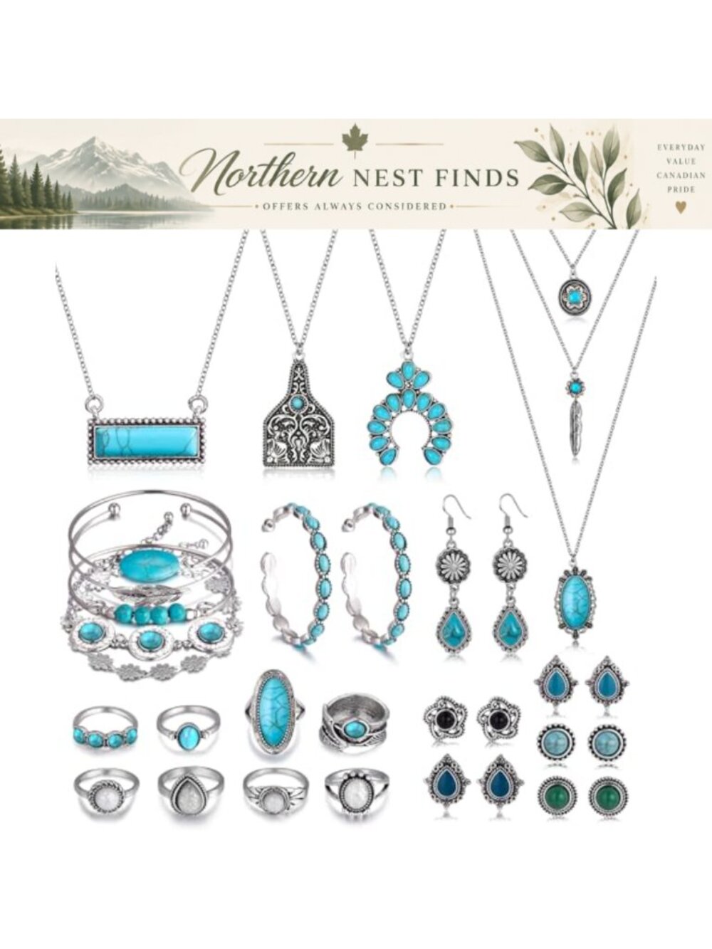26 Pc Boho Turquoise Western Jewelry Set, Necklaces, Earrings, Bracelets, Rings